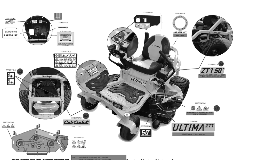 Label Map Diagram and Parts List for ZT1-50KW (17AIEACL010)(2023) Cub Cadet Lawn Tractor